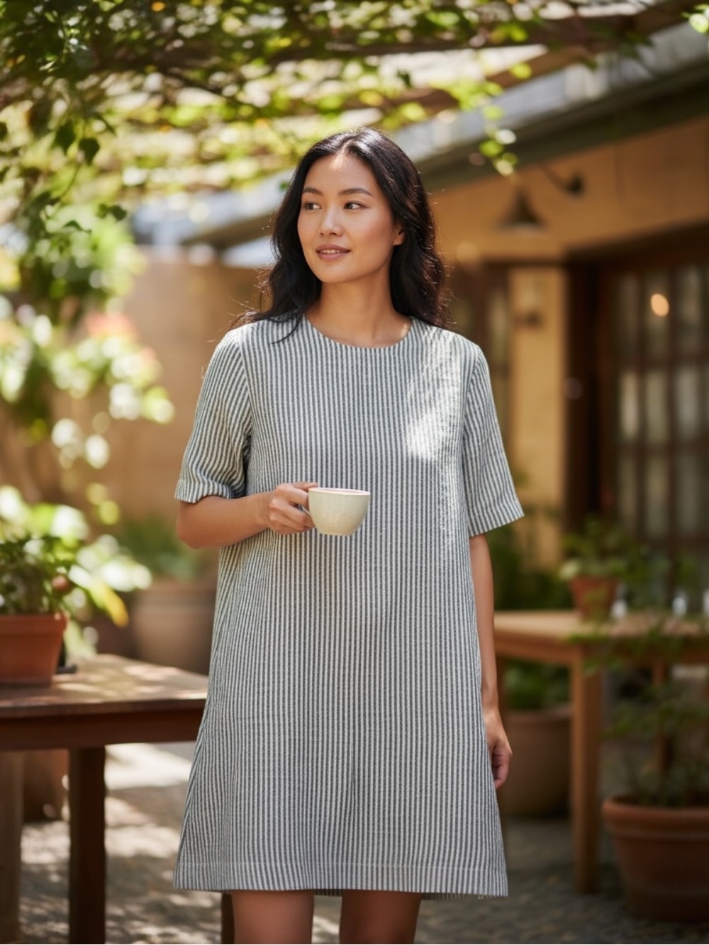 LEN OK Striped Linen Tunic Shirt Dress Black White L